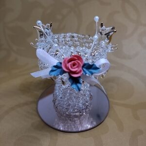 Sparkling Spun Glass Birdbath Mirrored Figurine With Ceramic Rose & Gold Accents